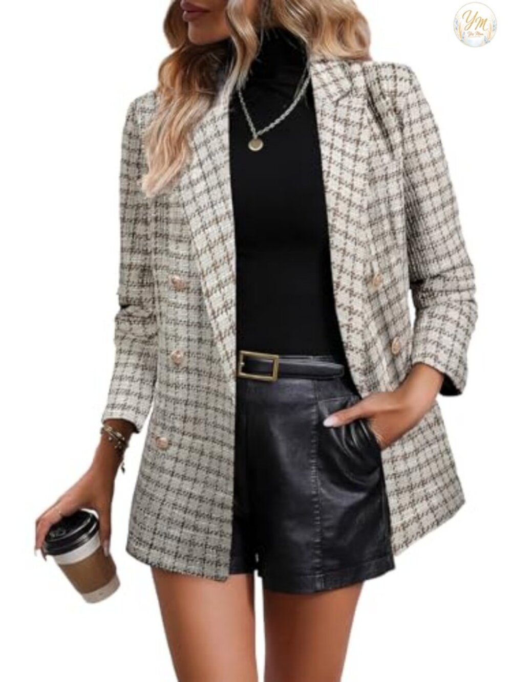 Women's Plaid Tweed Blazer Double Breasted Open Front Long Sleeve Work Suit